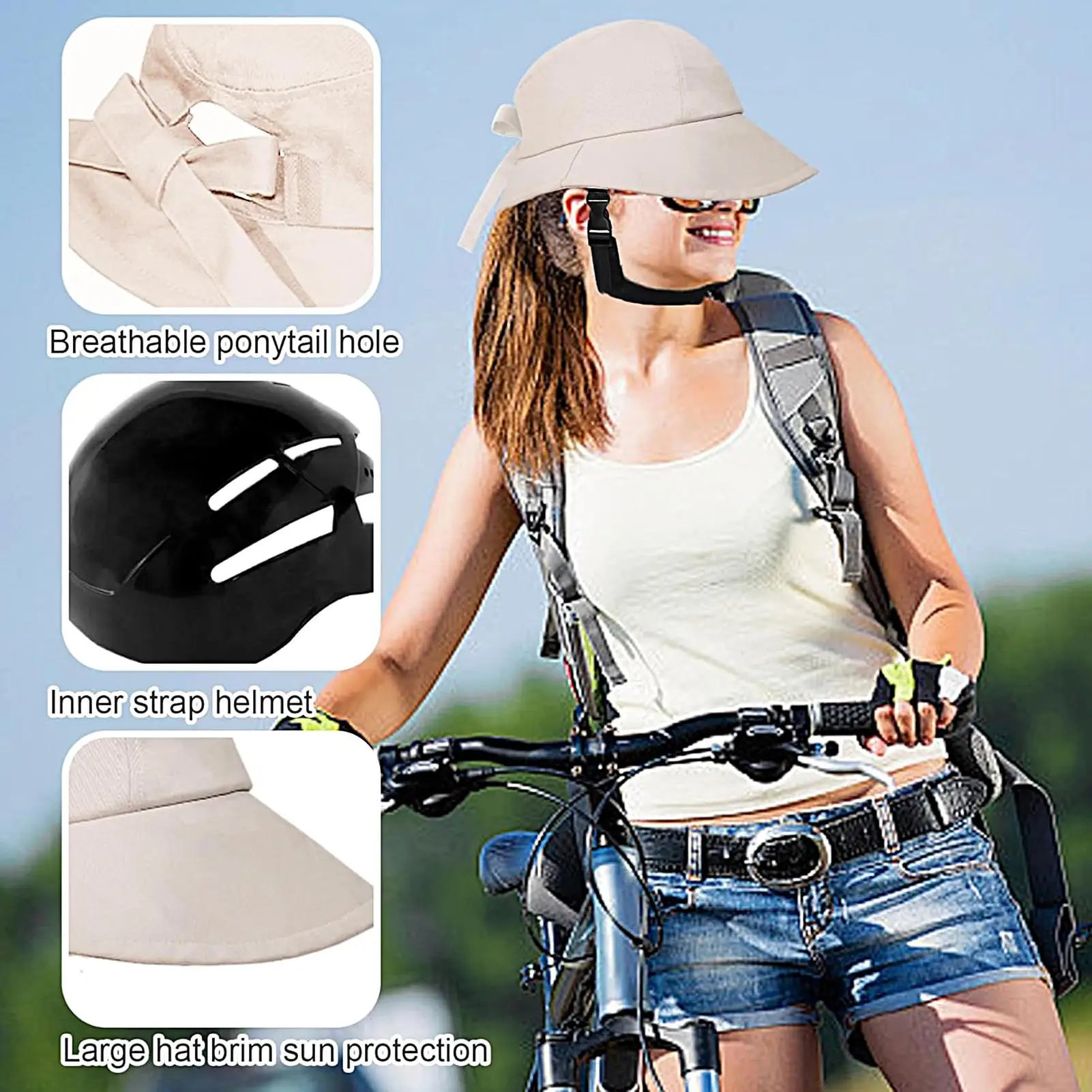 帽子型バイクヘルメットワイドブリムサンハットファッションバイクヘルメット自転車ヘルメットサイクリングキャップ女性用つば広サンヘルメット