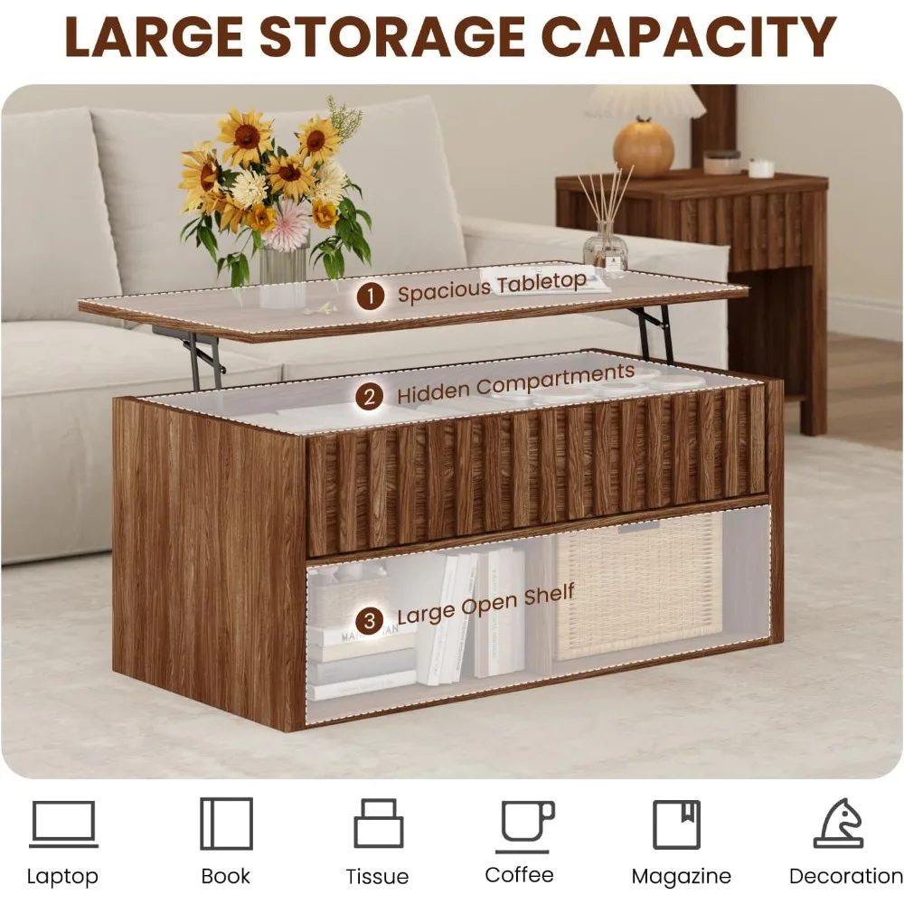 طاولة قهوة مع مساحة تخزين، طاولة قهوة مخددة لغرفة المعيشة، مساحة صغيرة للمنزل والمكتب، طاولة طعام خشبية، 39.5 بوصة،