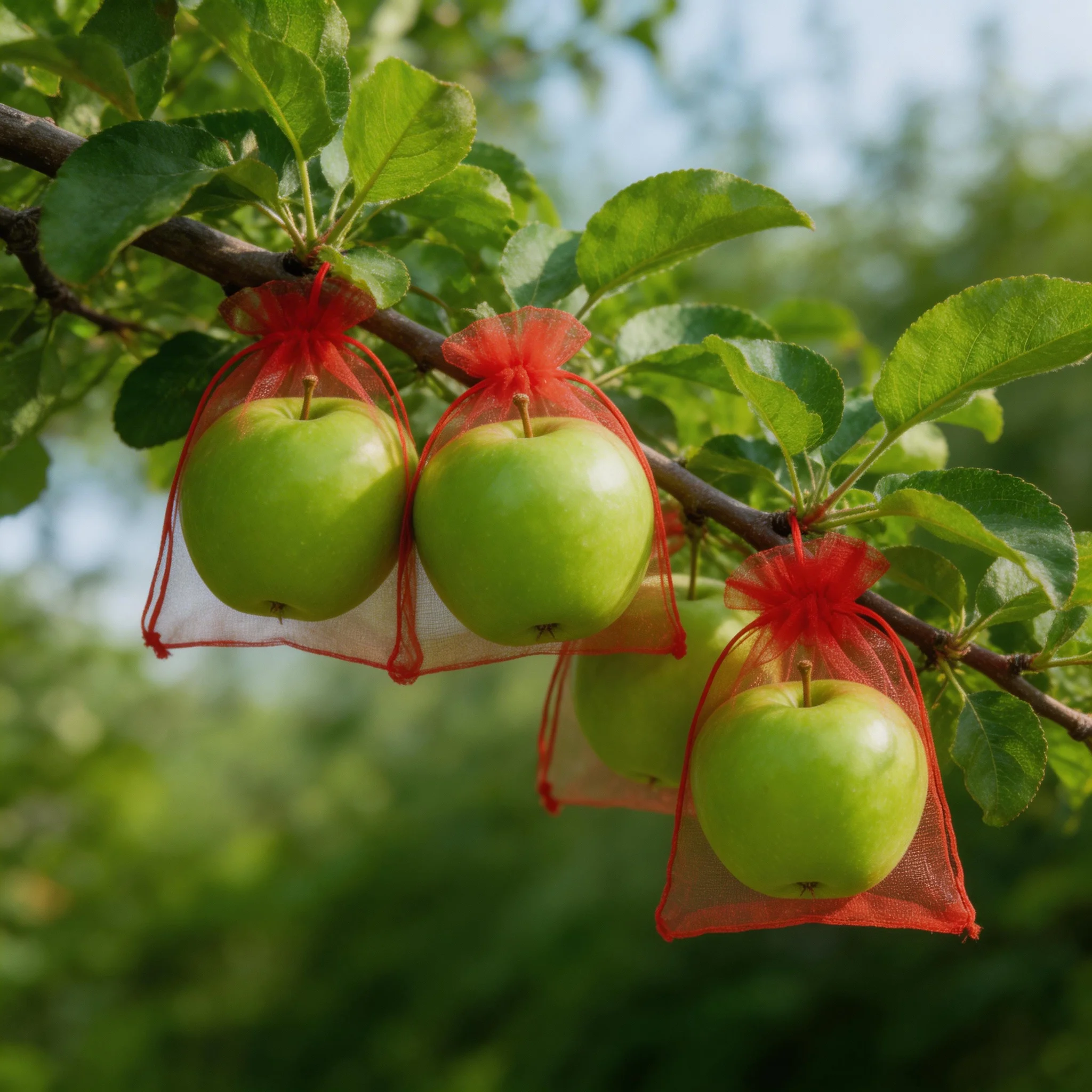 100 red breathable organza mesh bags that effectively protect fruit from damage and are perfect for holding candy and other item