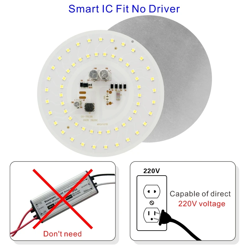 Puce LED pour ampoule de 55W, 45W, 38W, 28W, 18W, 14W, 10W, 5W, 2835SMD, DOB, perles lumineuses rondes, AC 220V, pas de puce Fleccef, lampe