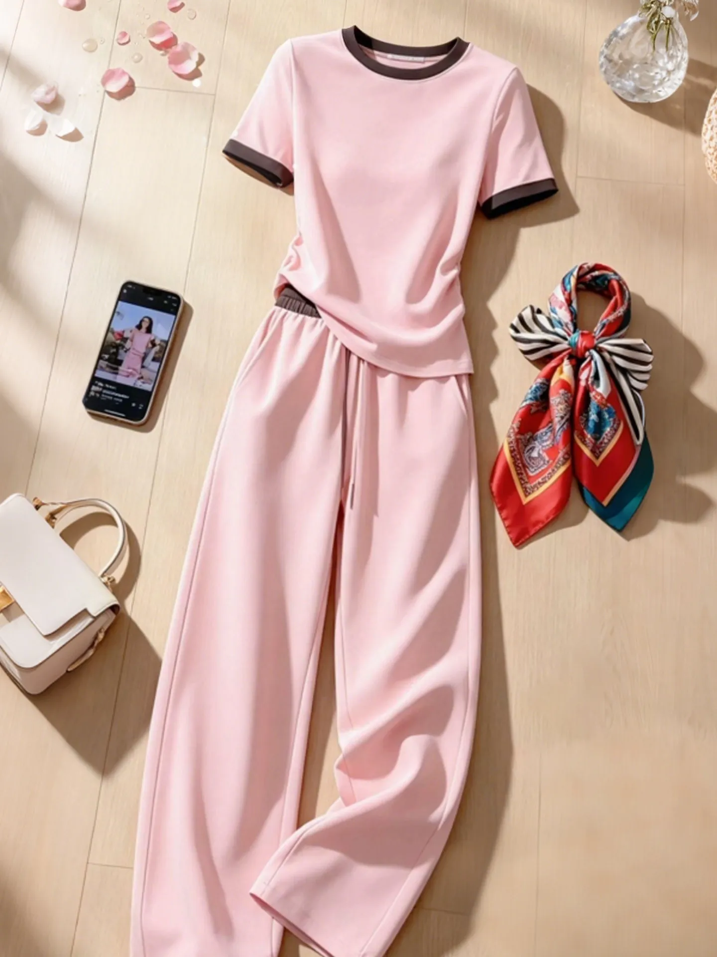

Fashionable Color Block round Neck Short Sleeve Women's Set Wide Leg Pants Two Pieces Summer Breathable Lightweight T-Shirt
