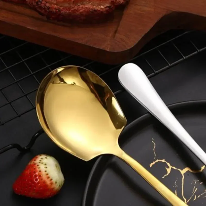 Golden/Silver Stainless Steel Spoon Food Service Shovel Long Handle Large Rice Shovel Soup Spoons Home Tableware Kitchen Gadgets