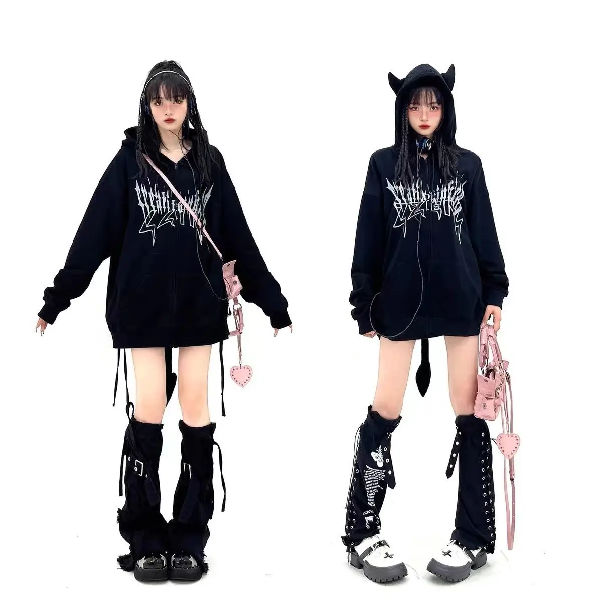 

Новинка 2025, популярная толстовка на молнии для девочек, одежда Y2k, кепка маленького дьявола со съемным хвостом, женская одежда, женские толстовки, топ