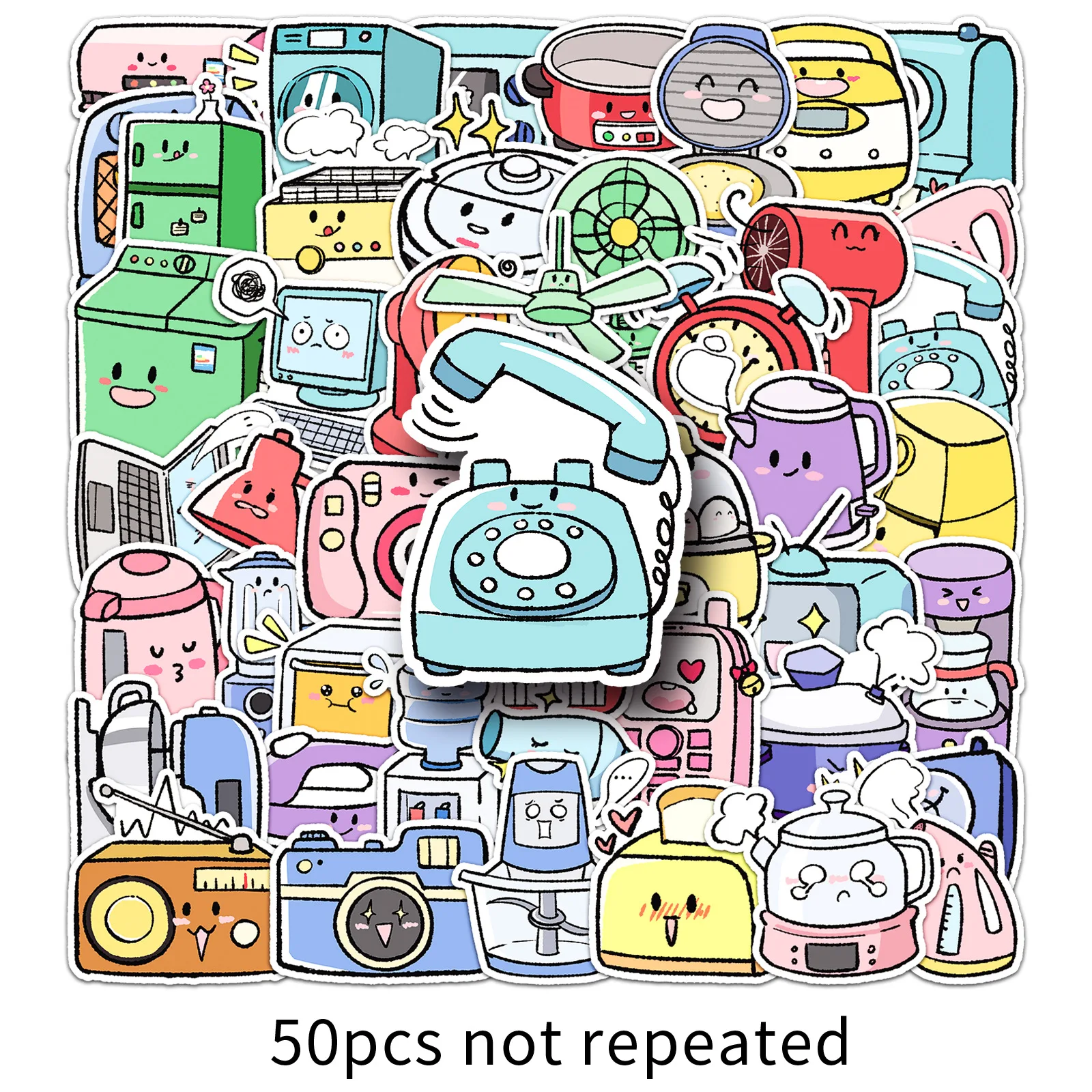 50Pcs Cute Kawaii Home Appliances Stickers, Cartoon Electronics Decals Waterproof PVC for Kids Room Decoration Diary Laptop Gift
