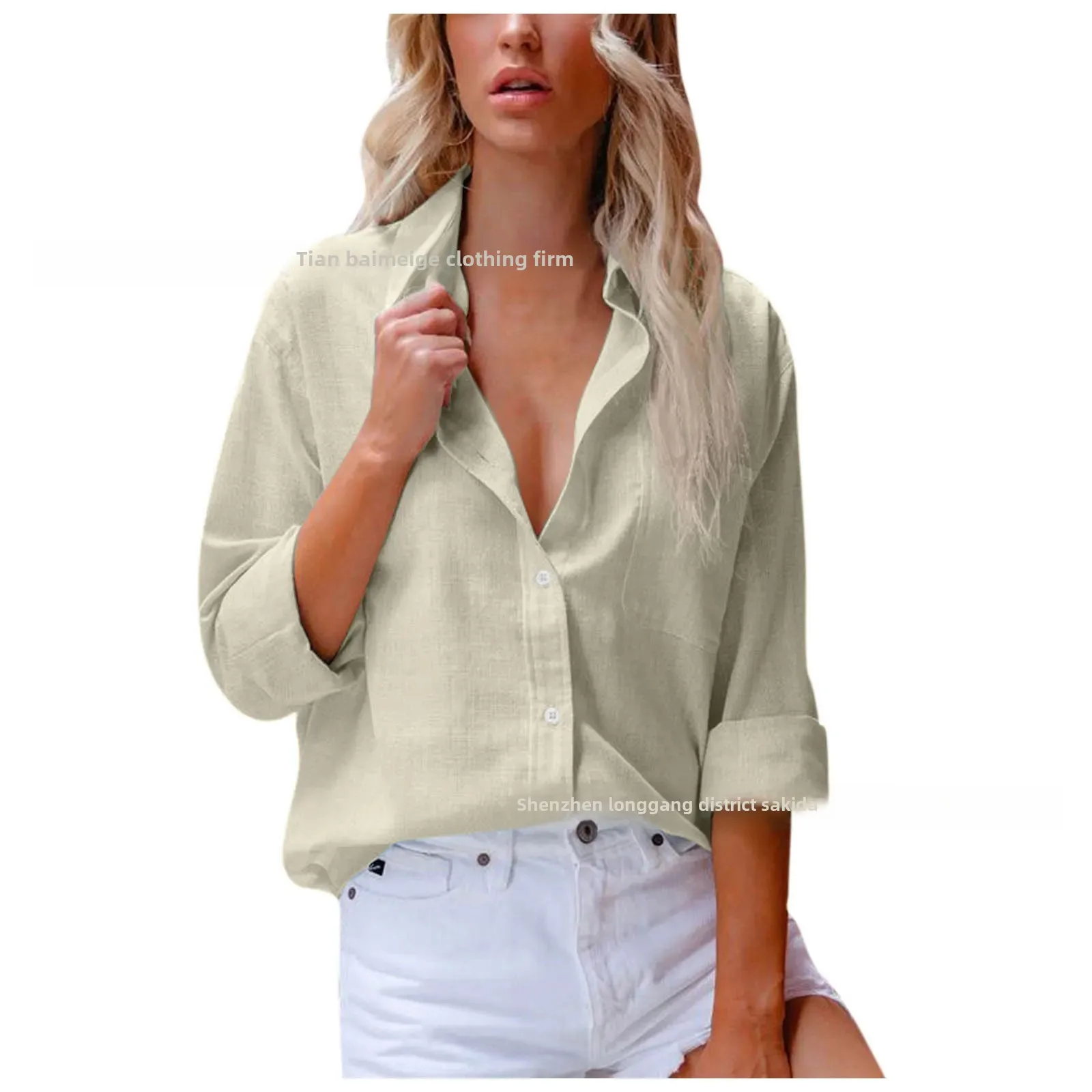 2023 Amazon New Export Single-breasted Lapel Pure Color Long-sleeved Cotton and Linen Loose Shirt for Women with High Design image 5