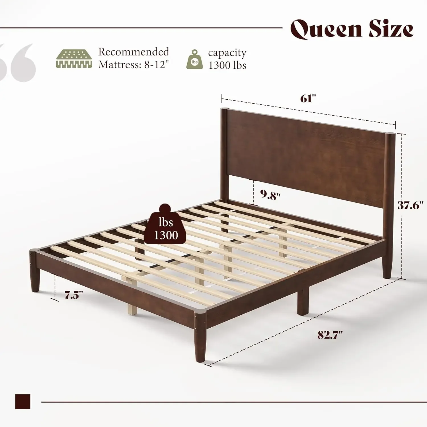AMERLIFE Solid Wood Queen Bed Frame, Mid Century Modern Platform Bed with Full Panel Headboard, Wooden Bed with Cylindrical Legs
