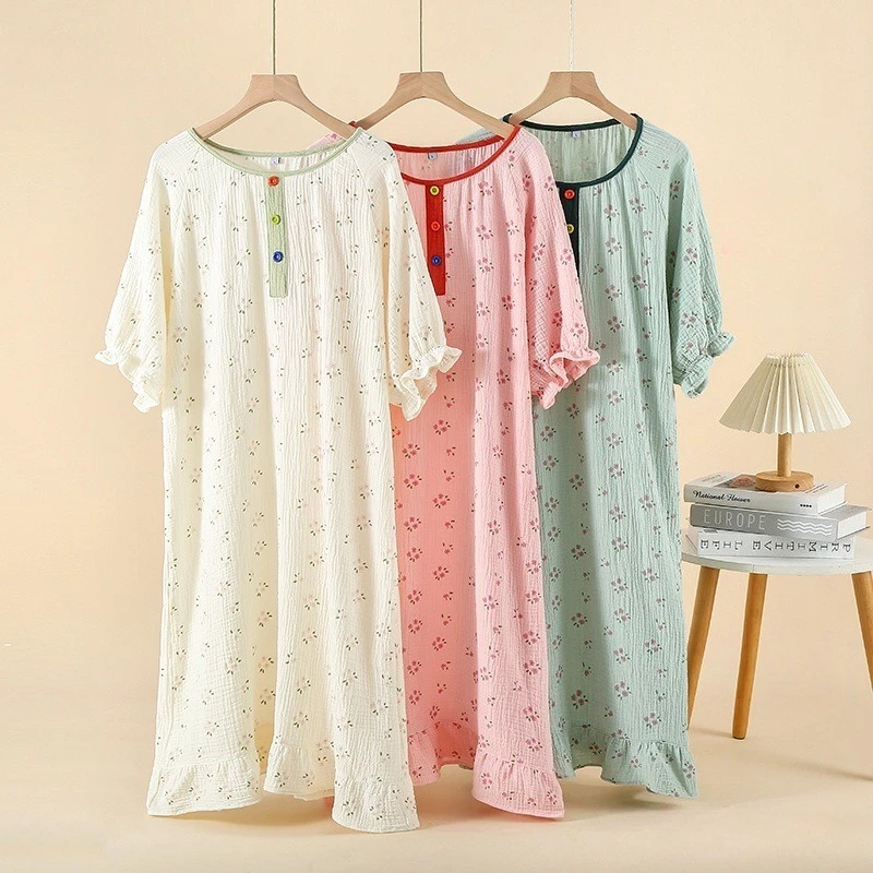 

Summer Crepe Gauze Sweet Lace Short-sleeved Nightdress Loose Round Neck Night Gown for Women Sleepshirts Soft Home Clothes