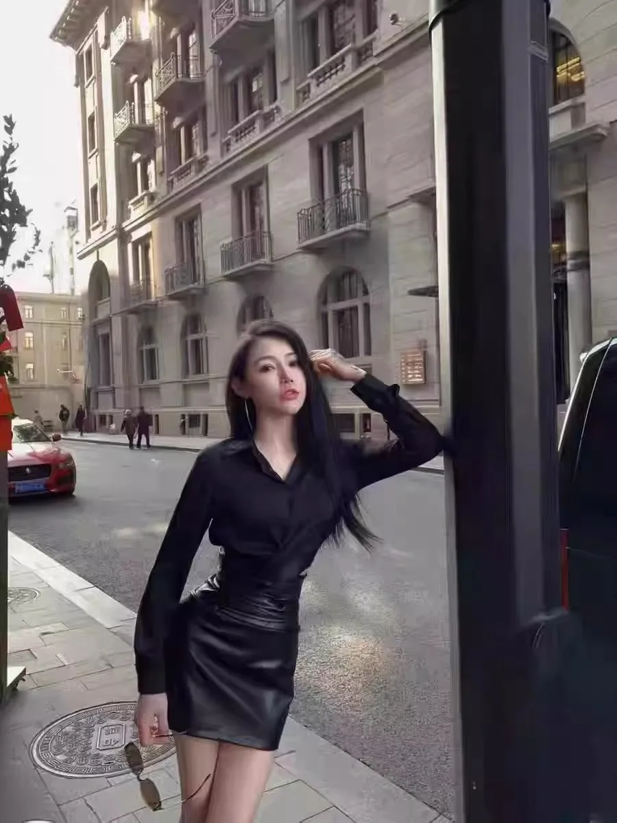 

Women's Spicy Girl Personality V Neck Long Sleeve Shirt High Waist PU Leather Skirt Set Spring Autumn Pure Desirable Fashion