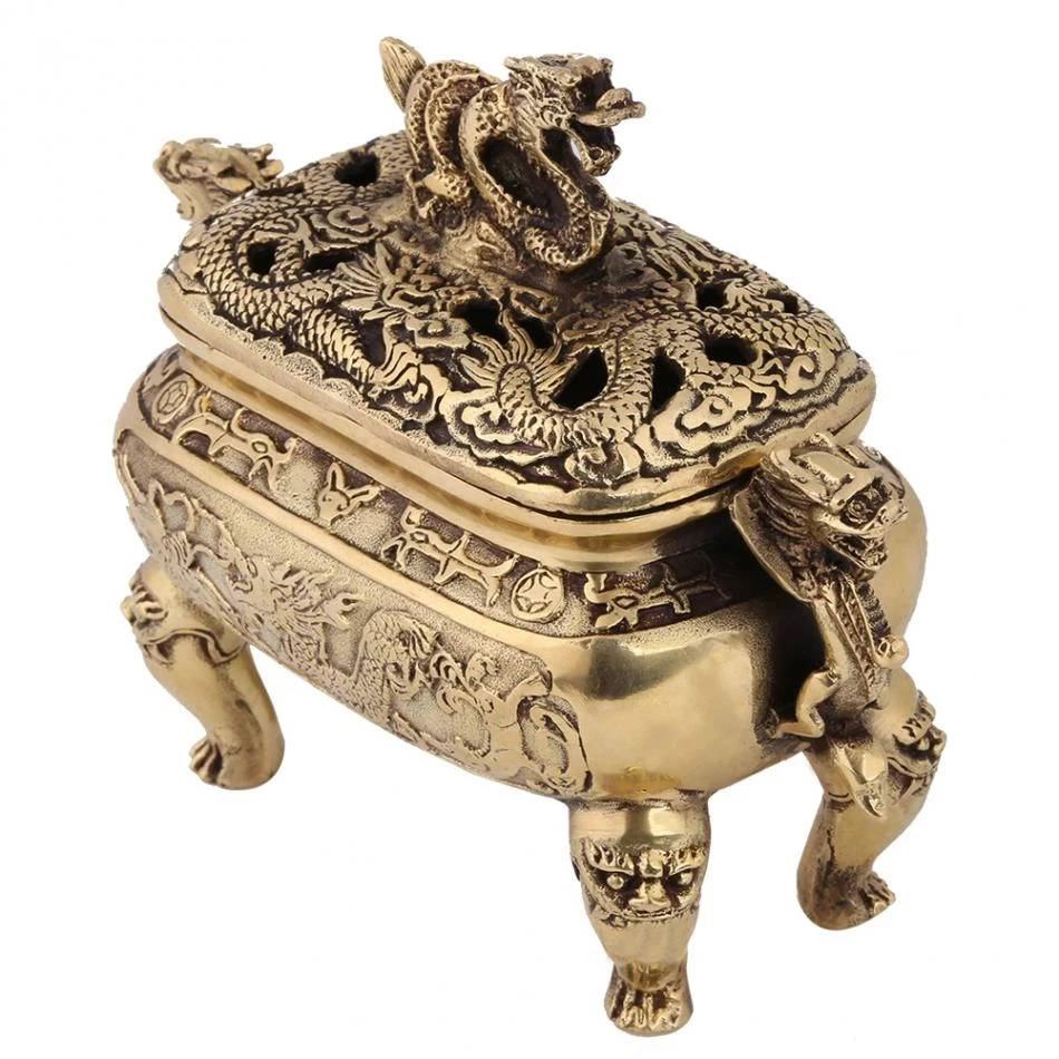 Top Quality Incense Burner With Lid Antique Bronze Copper Chinese Dragon Incense Burner Holder Creative Metal Craft Home Decor