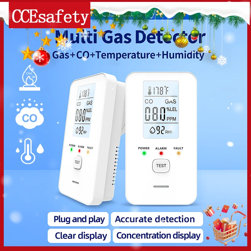 

4in1 Gas and Carbon Monoxide Detector Temperature Humidity Sensor AC Plug in Combustible Gas Leak Detector Gas Alarm LCD Display