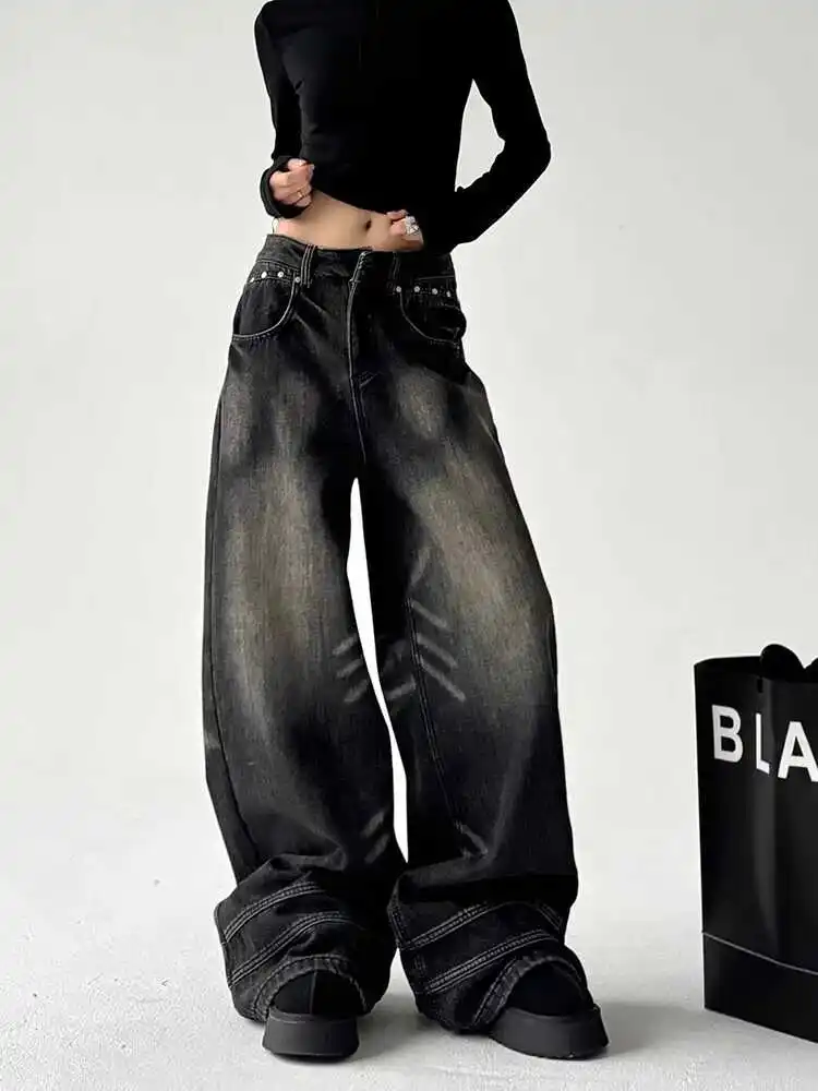 

Women's Black Gothic Y2k Jeans Harajuku Japanese 2000s Style Baggy Denim Trousers Vintage Oversize Emo Jean Long Pants Clothes