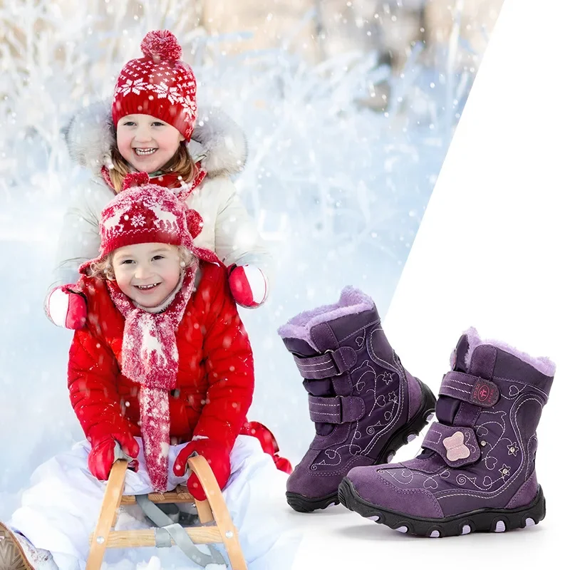 ULKNN Children\'s Winter Snow Boots For Baby Girl Shoes Kid\'s Boys Fashion Plus Velvet Warm Waterproof Non-slip Boot TPR Purple