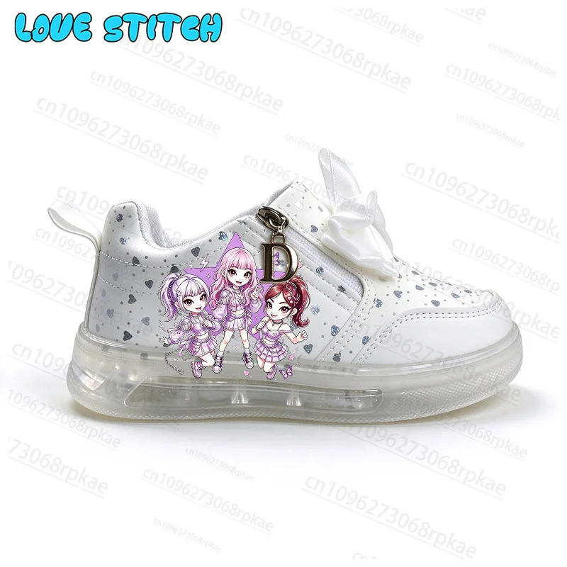 Popular Cute Girls Pattern Printed Kids LED Casual Zipper Shoes Luminous Sneakers Bow Decor Kids Gift