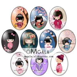 Cartoon Lovely Japan Kimoono Kokeshi Doll Art Images 13x18mm/18x25mm/30x40mm Oval photo glass cabochon flat back Making findings