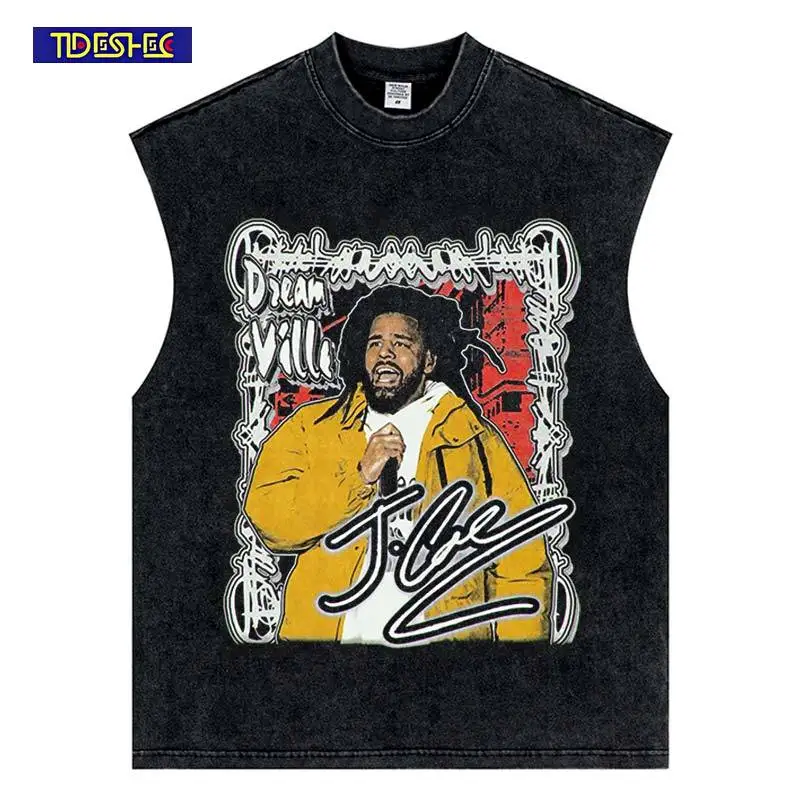 

Summer Vintage Hip Hop Streetwear Yellow Jacket Portrait Print Vest Harajuku Oversized Washed Sleeveless Loose Cotton Tank Top