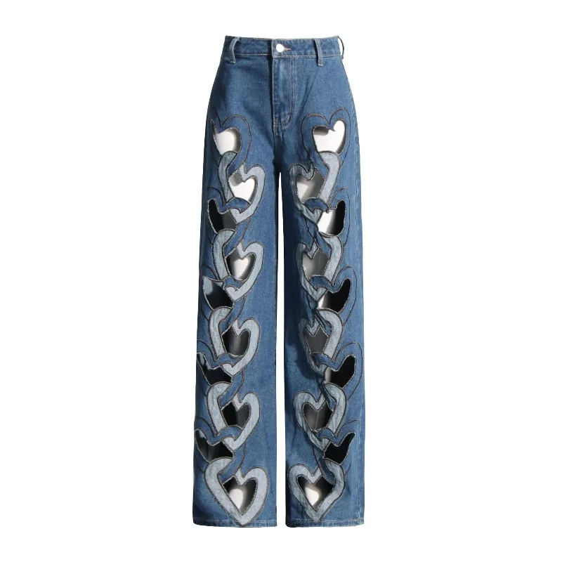 Beautyblue-pantalones vaqueros elegantes con agujeros para mujer, Vaqueros holgados de cintura alta, parte inferior de pierna ancha Y2k, color azul, otoño