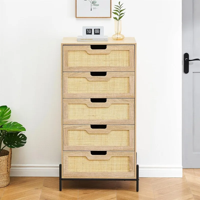 

Modern Rattan 5 Drawers Dresser, Double Dresser for Bedroom, Chest of Drawers Closet Organizers and Storage Clothes