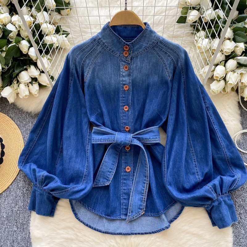 New Women's Retro Stand Up Collar Lantern Sleeve Denim Shirt Waist Cinching and Slimming Effect Long Sleeved Denim Top Jacket