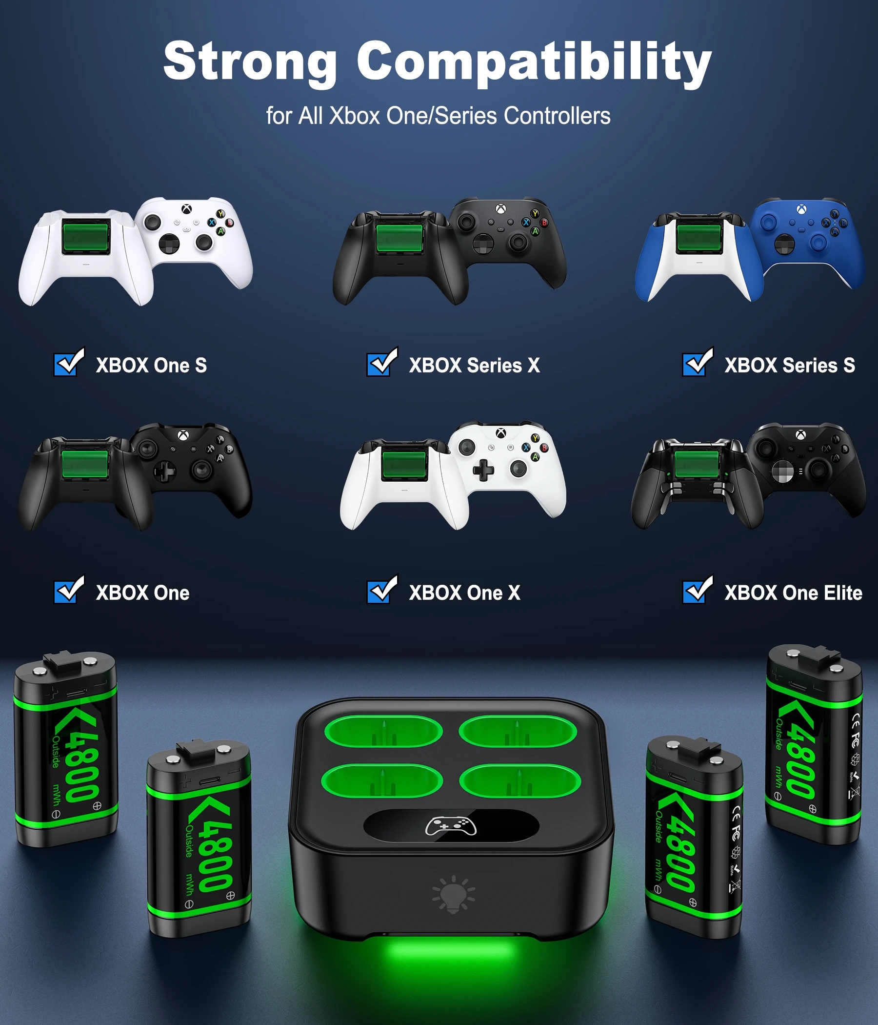 BEBONCOOL X501 2*4800 mWh بطاريات قابلة للشحن حزمة لـ XBOX Serise S/X وXBOX ONE S/X/Elite مع كابل الشحن