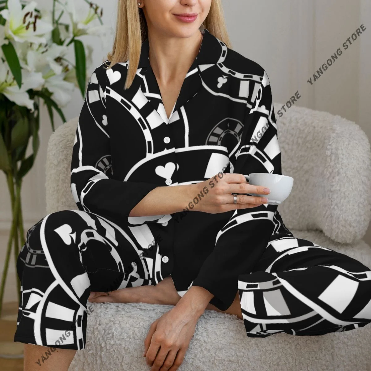 

Casino Poker Chips Icon Womens Pajamas Loungewear Two-piece Sleepwear Button-Down Full Sleeve Long Pajamas Set