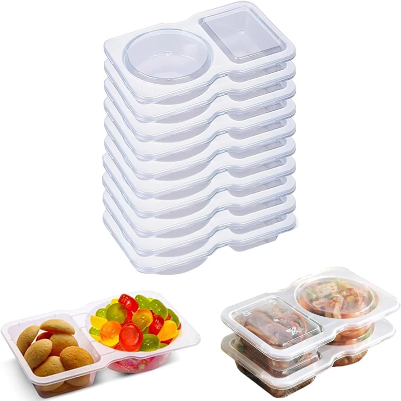 10Pcs Reusable Snack Containers with Lid Double Compartment Snackle Box Sauce Containers Portable Snack Box Food Containers Set