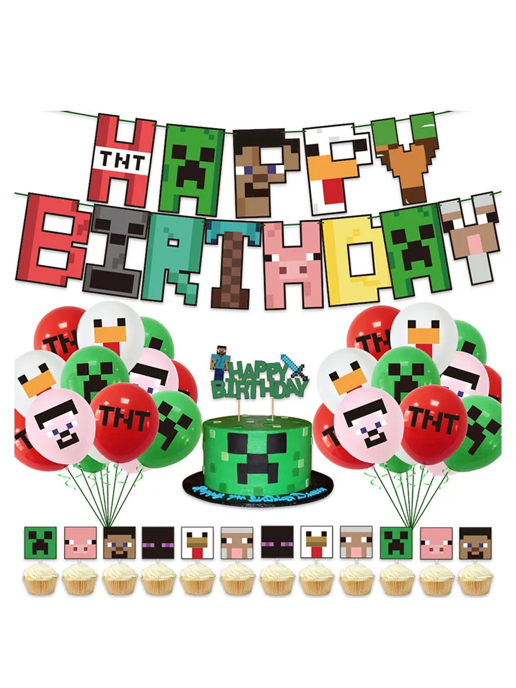  38pcs a set for Minecrafte Happy Birthday Banner Party Decoration Anime Spiral Ornament Cake Topper Supplies Party Supplie Toy view 2