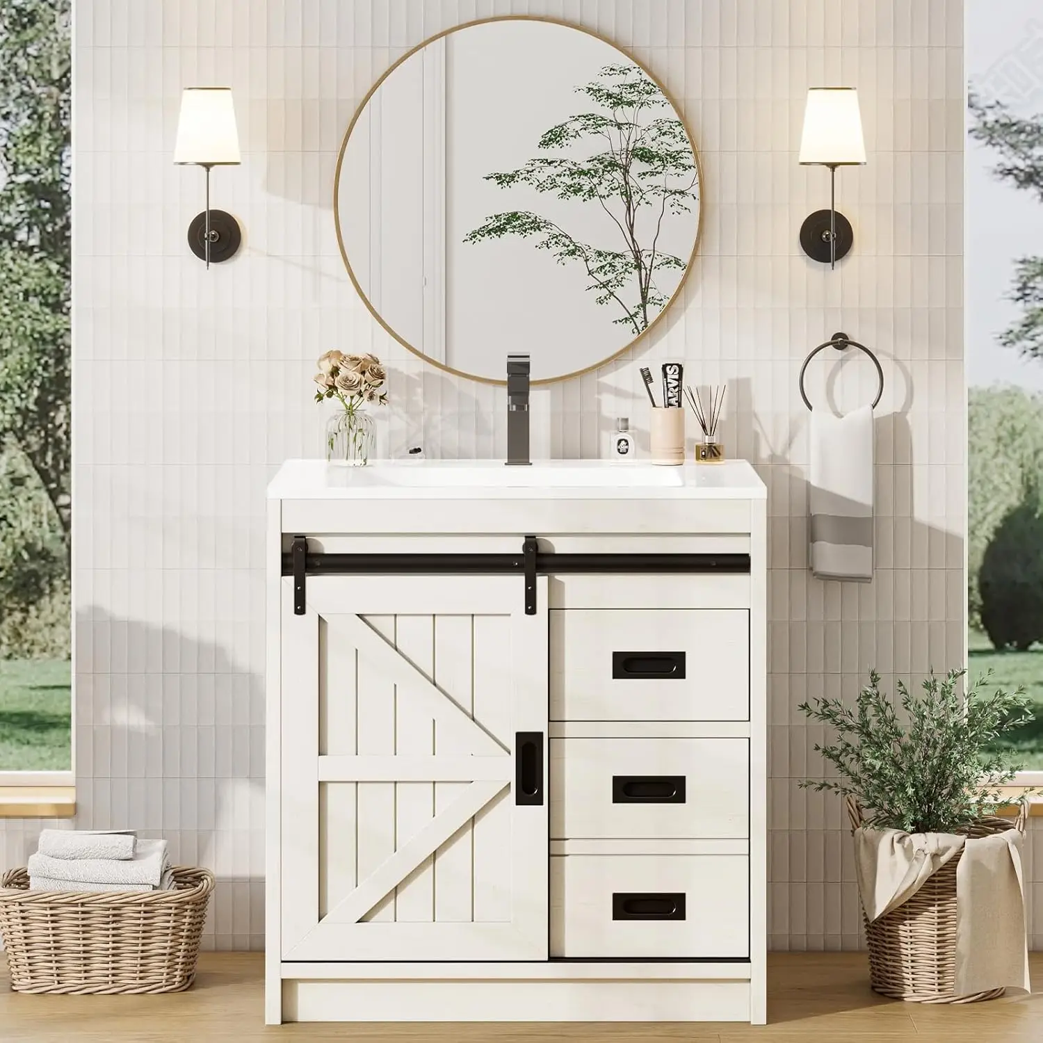 Farmhouse Bathroom Vanity with Sink Combo,31in Sliding Barn Door Bathroom Vanity Cabinet Set with Storage Drawers, Metal Handles