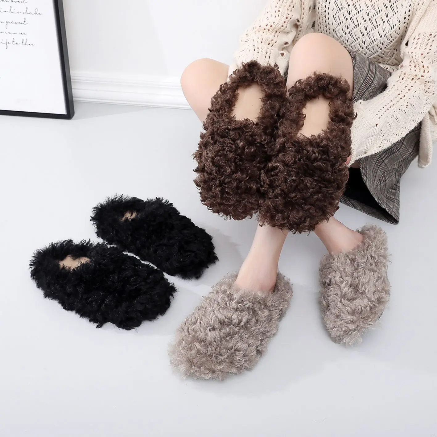 

Women's Home Slippers Autumn and Winter Soft Warm Flat Fur Slides Family Indoor Fashion Concise Living Room Plush Shoes Ladies