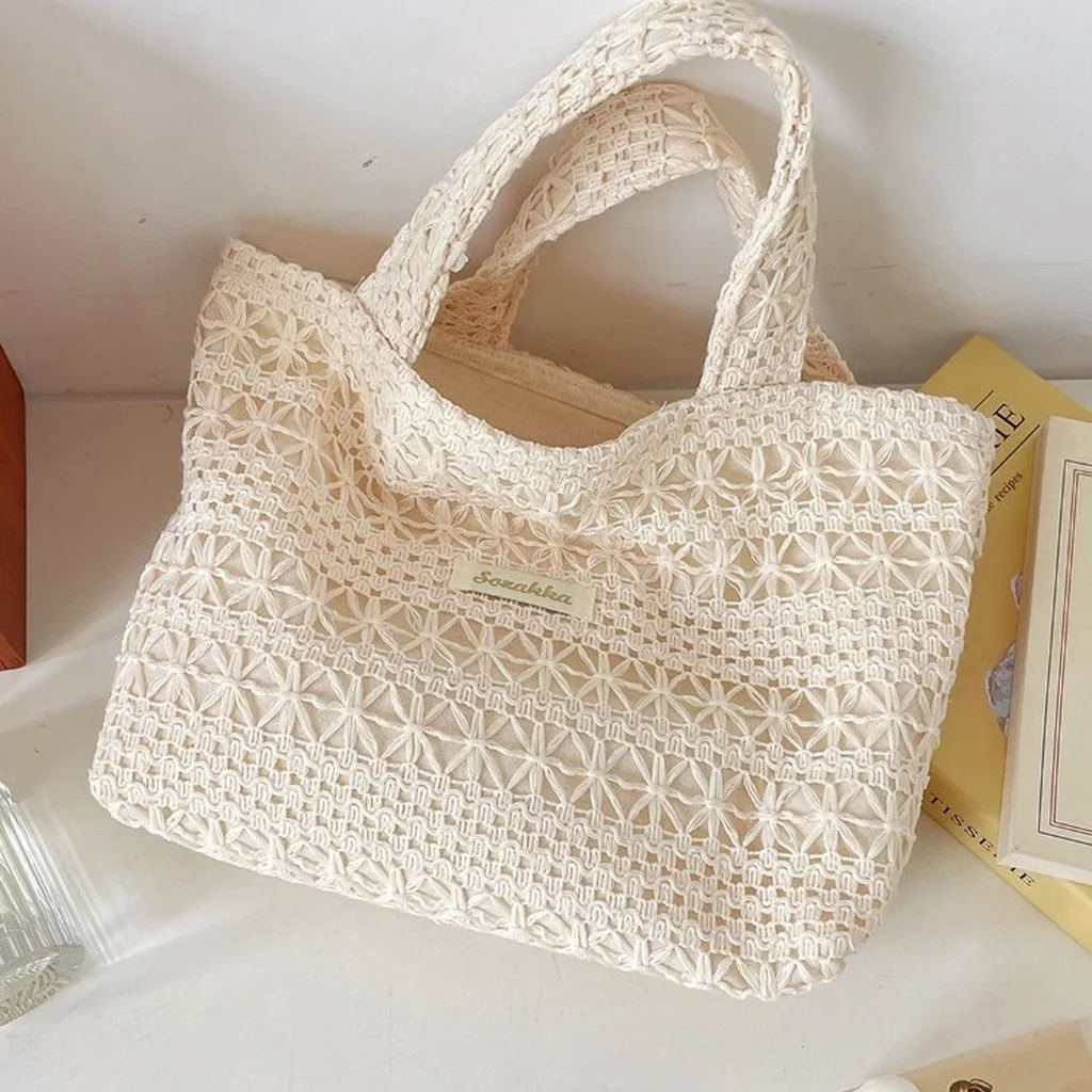 Lace Knit Tote Bag Soft Shoulder Tote Bag Vacation Tote Bag Canvas Lined For Shopping Daily Commute Outdoor Trips