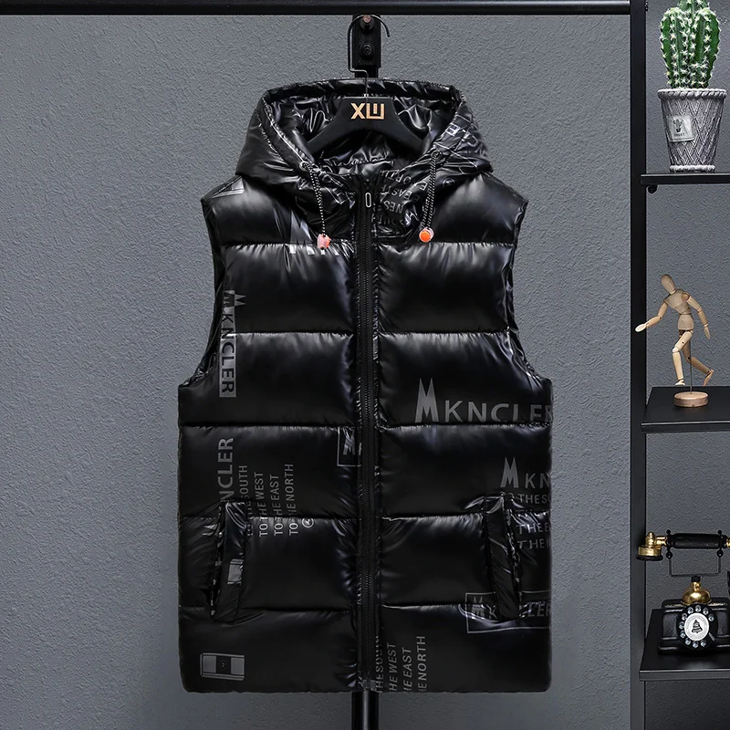 New Winter 2023 Hooded Bright Vest Men Casual Thicken Waterproof Warm Big Pockets Sleeveless Parka Thick Waistcoat Size 4XL