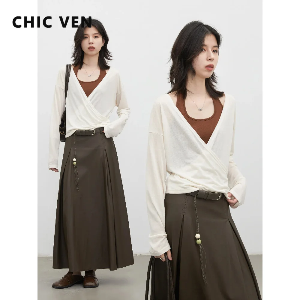 CHIC VEN Korean Women Pullovers Fashion Contrast Cross V-neck Two-piece Halter Vest Girl Slim Knitted Tops Spring Autumn 2026
