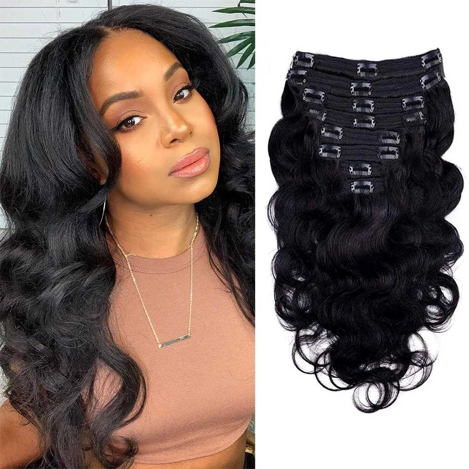 

Заколка на всю голову из 100% наращивания человеческих волос, объемная волна, толстые длинные бразильские парики из волос Remy машинного производства для женщин, шиньон