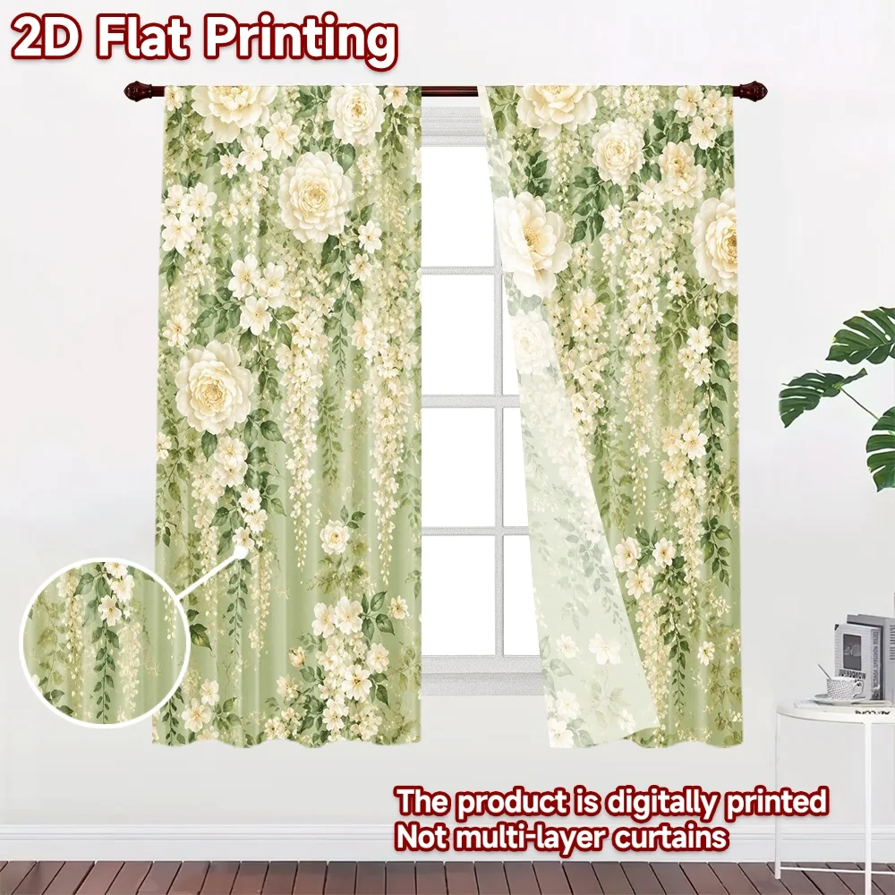 2D flat 2pcs Curtain Home Short Curtains White Roses and Wisteria Digitally printed polyester, colorfast Festive Wall Decor Use