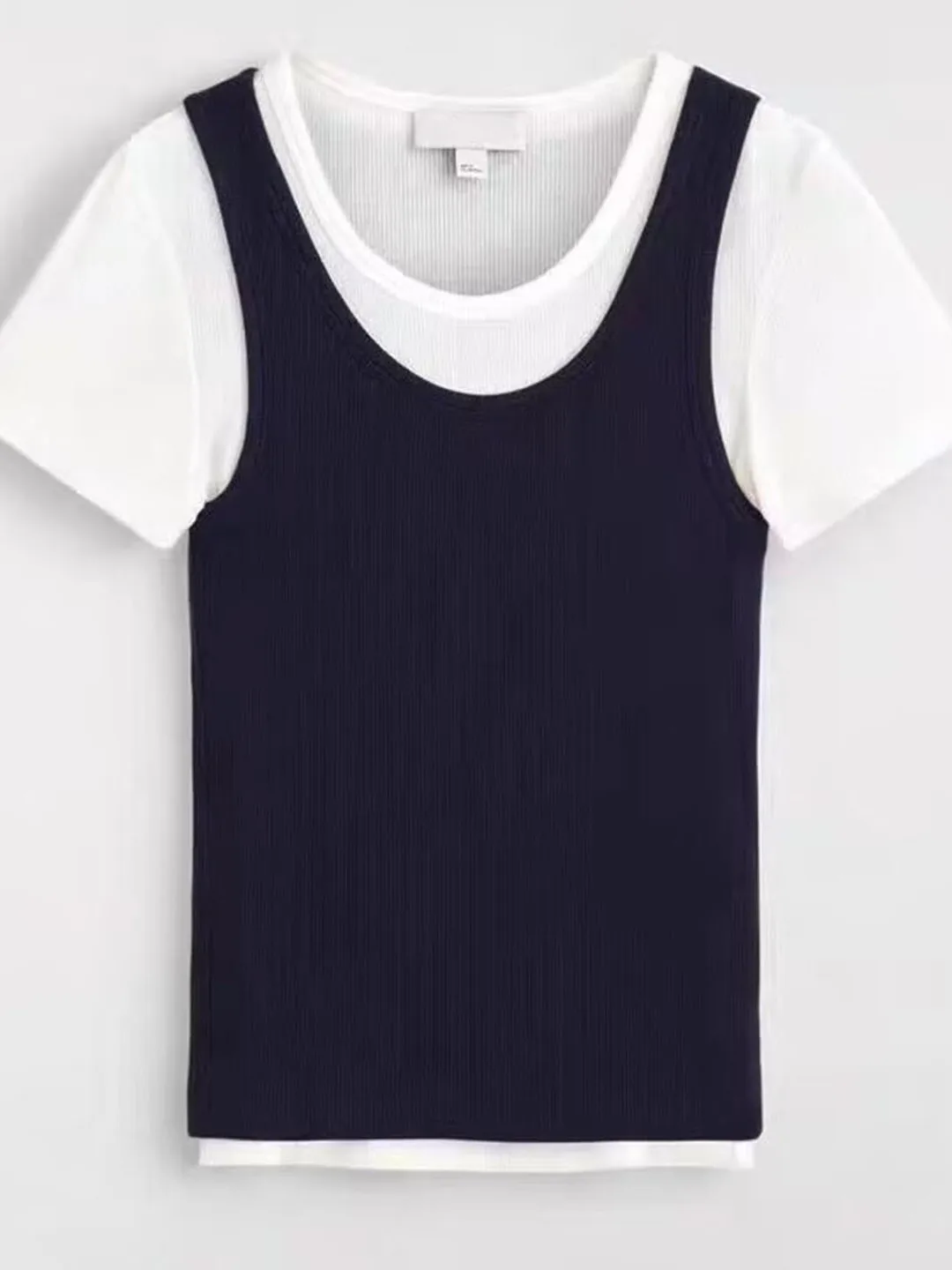 Slim Fit round Neck Knitted T-Shirt New Summer Collection Two Tone Short Sleeve Ribbed White And Royal Blue Women's Fashion