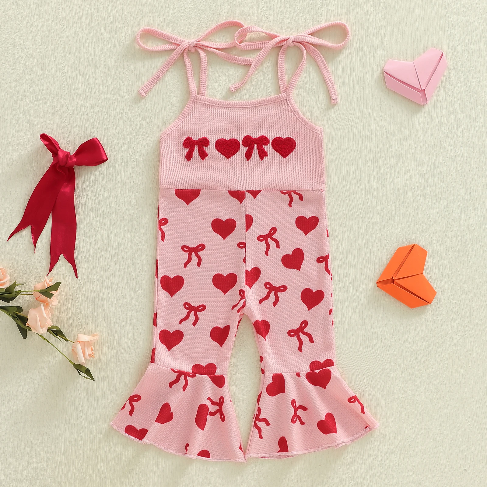 

Летние расклешенные брюки для маленьких девочек, комбинезон на День святого Валентина с принтом в виде сердца и банта, комбинезон без рукавов с завязками и расклешенным низом