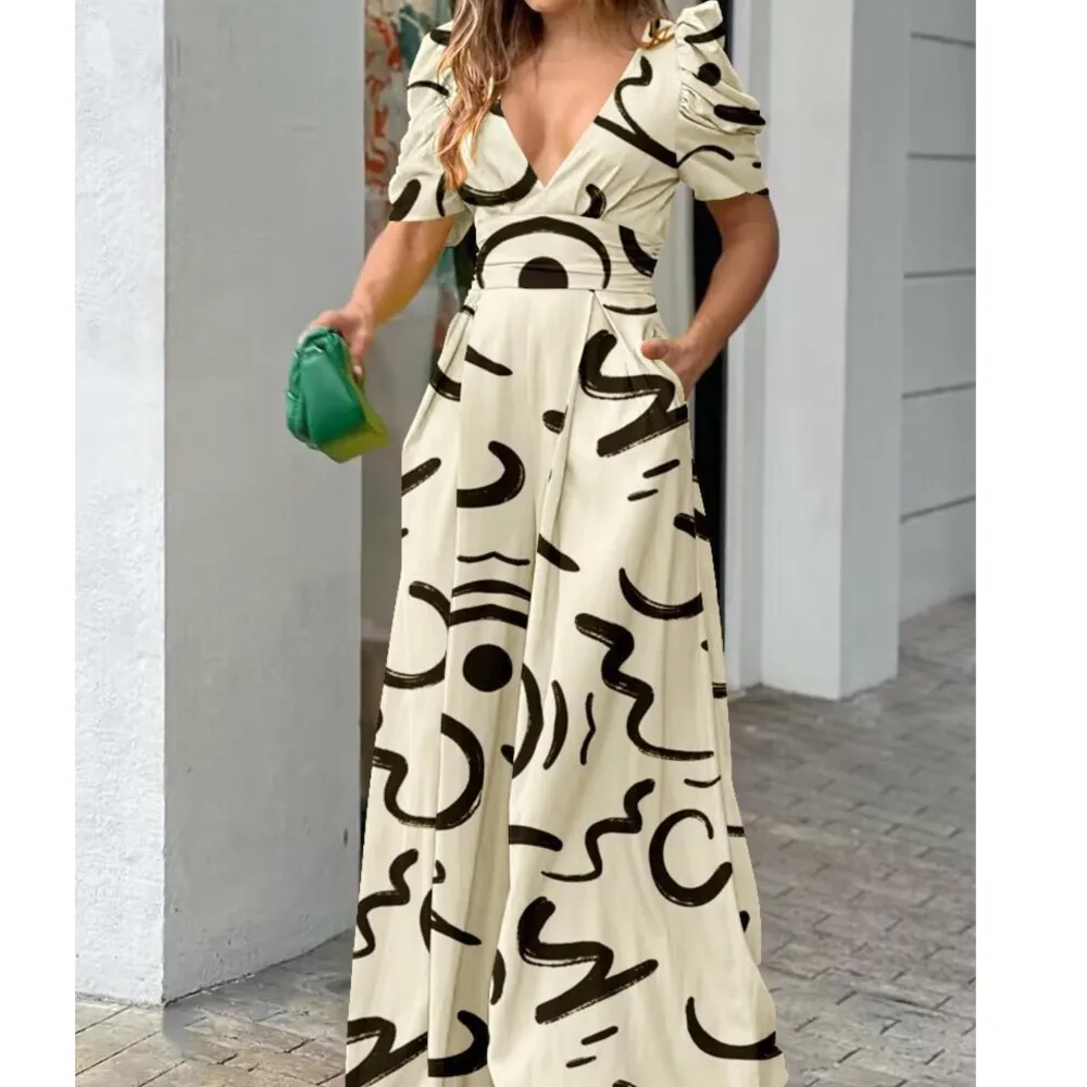 

Fashion Printed V-neck Waist Trousers Summer Women's New Casual Short-sleeved Loose Jumpsuit With Pockets Комбинезон Женский