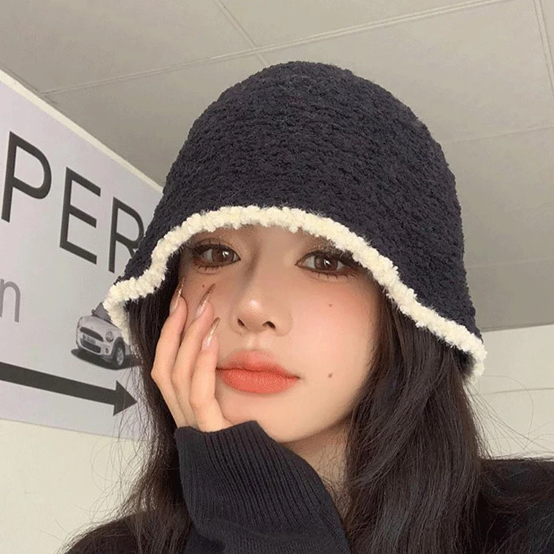 Knitting Bucket Hat Women Winter Lamb Wool Fleece Cap Corduroy Fisherman Hats Sunscreen Caps For Women