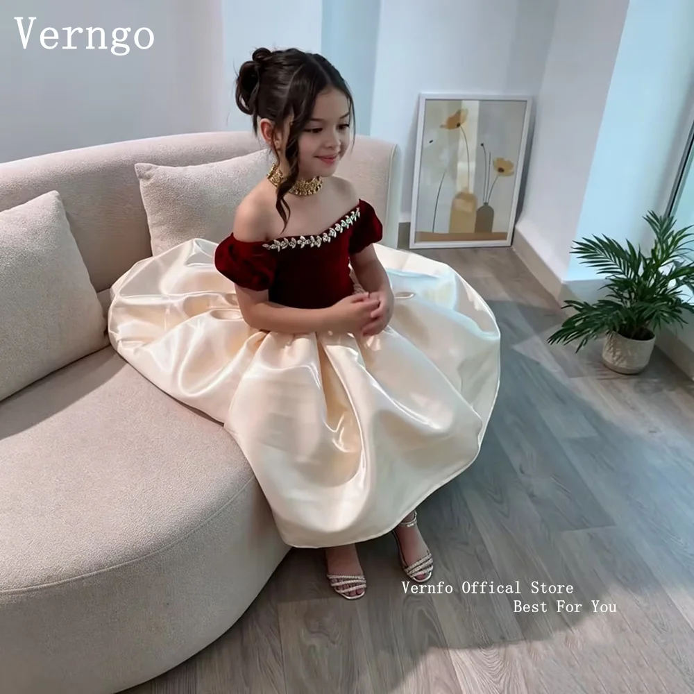 Verngo Luxury Burgundy Satin Birthday Party Dress Kid Off The Shoulder Sequined Princess Kid Gown Outfit Celebrity Customized