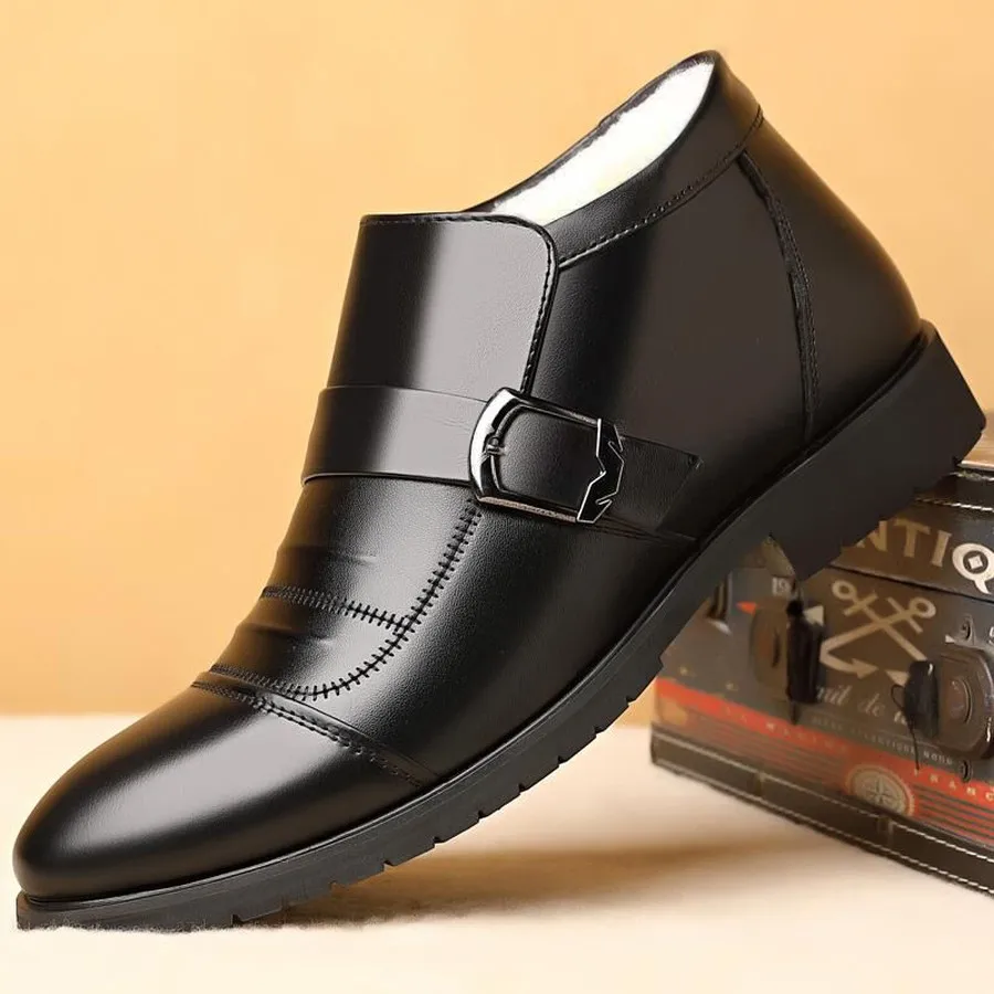 Men's Winter Fleece Lined Chelsea Boots, Buckle Strap Round Toe Ankle Boots for Casual Daily Wear