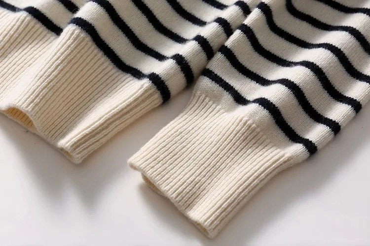 French crew-neck sweater Women's half-open neck breasted horizontal striped long sleeve pullover cashmere sweater loose knit top