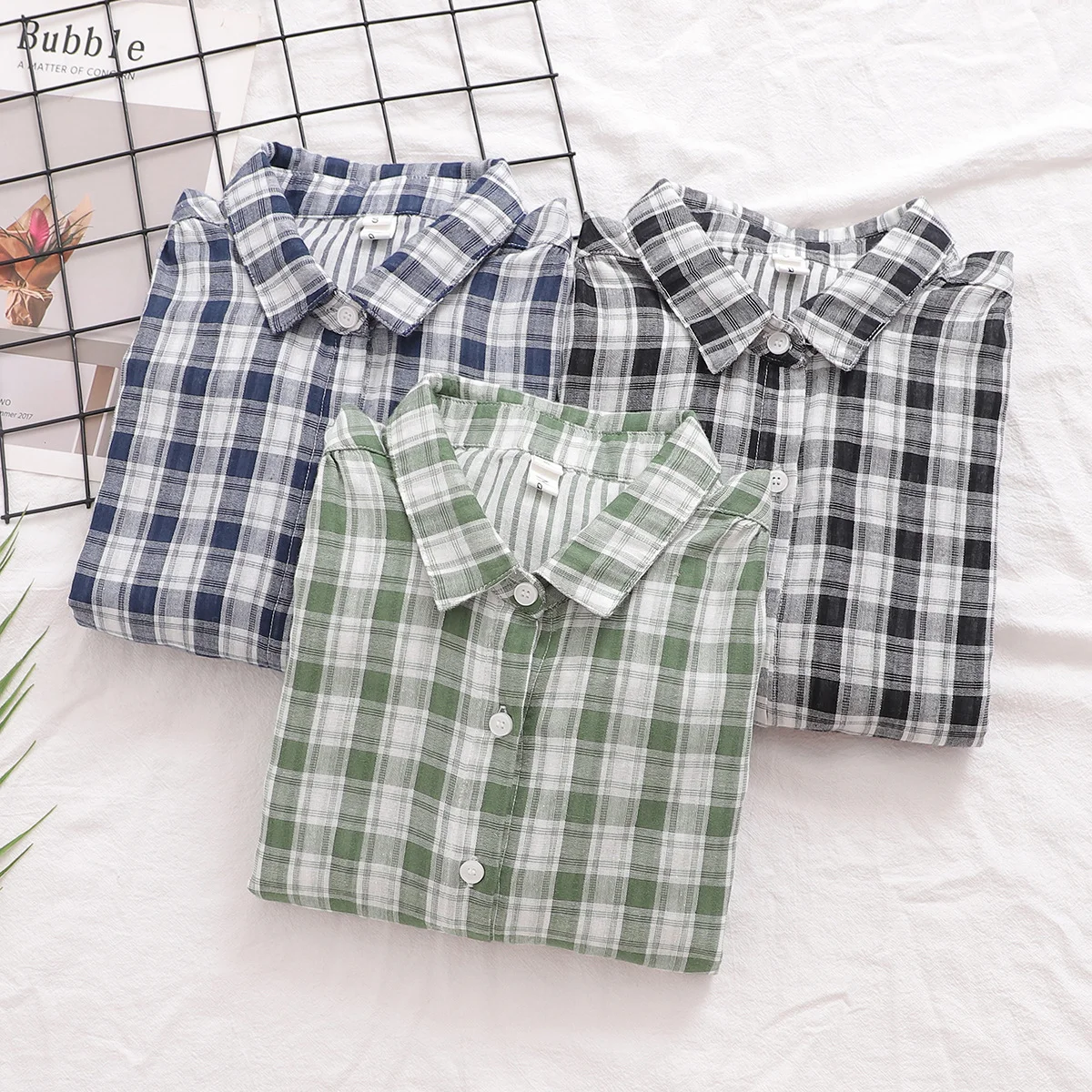 Women's plaid shirt 100% cotton yarn green white plaid blouse plus size tall tops female Japan skin-friendly vintage clothing