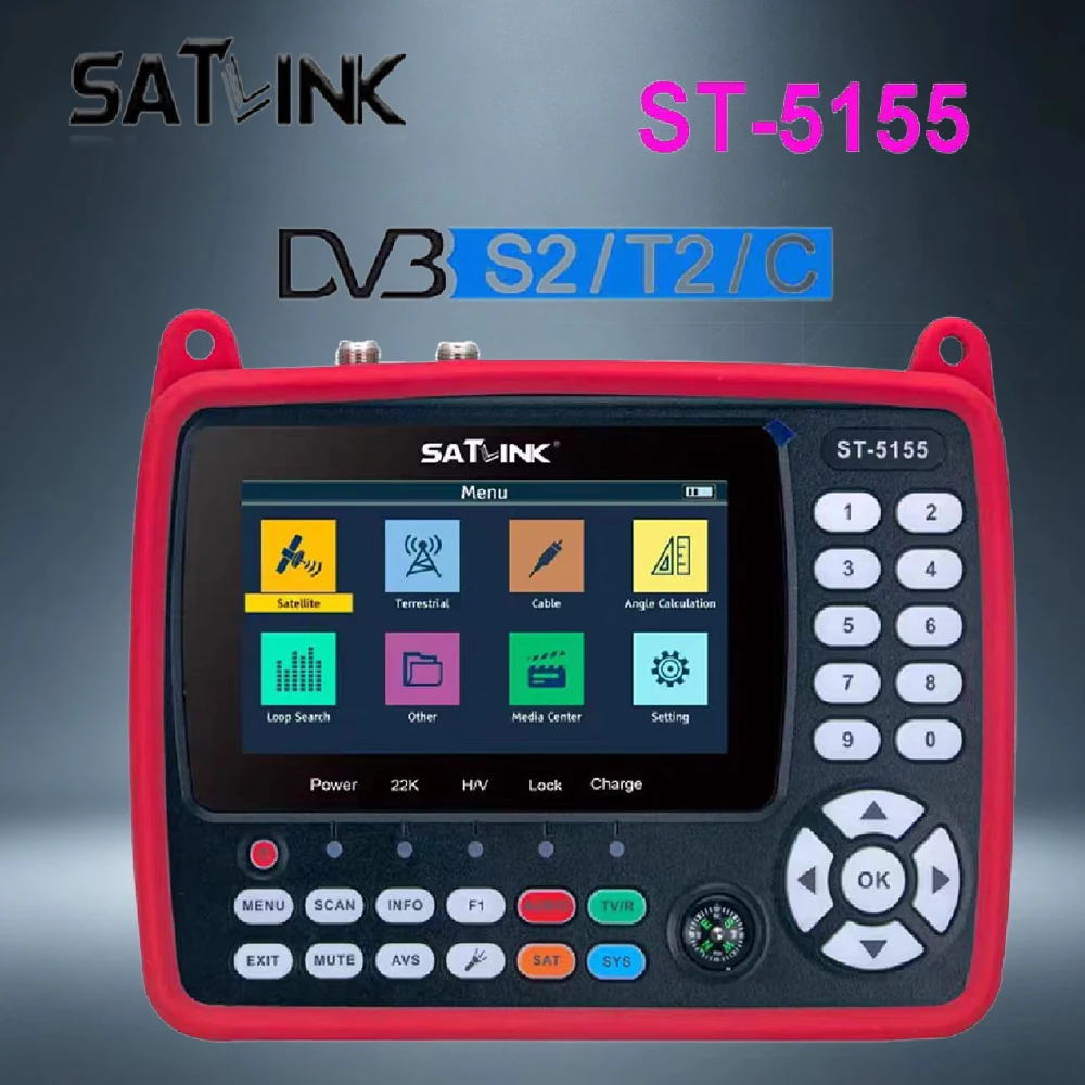 SATLINK ST-5155 DVB-S2/T2/C Combo Satellite Finder Meter H.265 HEVC MPEG4 Decoder 4.3 Inch HD Screen Digital TV Signal Measuring