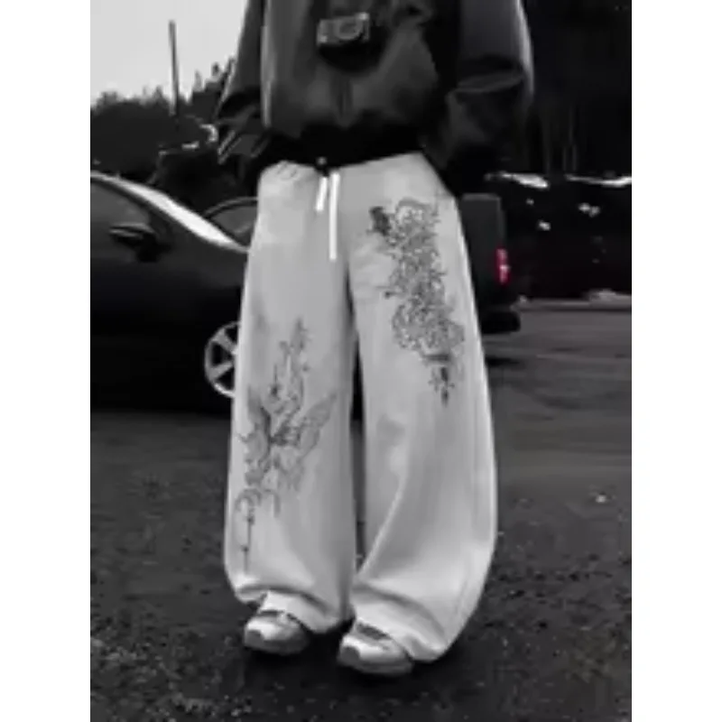 2026 New Model Men Kid Gothic Vertical Graphic Wide Leg Sweatpants Drawstring Loose Straight Baggy Y2K Punk Streetwear Pants.
