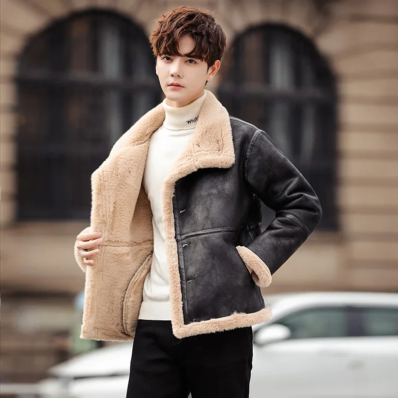 Fur Liner Jacket Men Winter Streetwear Retro Fashion Casual Warm Thicken Faux Fur Leather Motorcycle Jacket Man Coat Outerwear