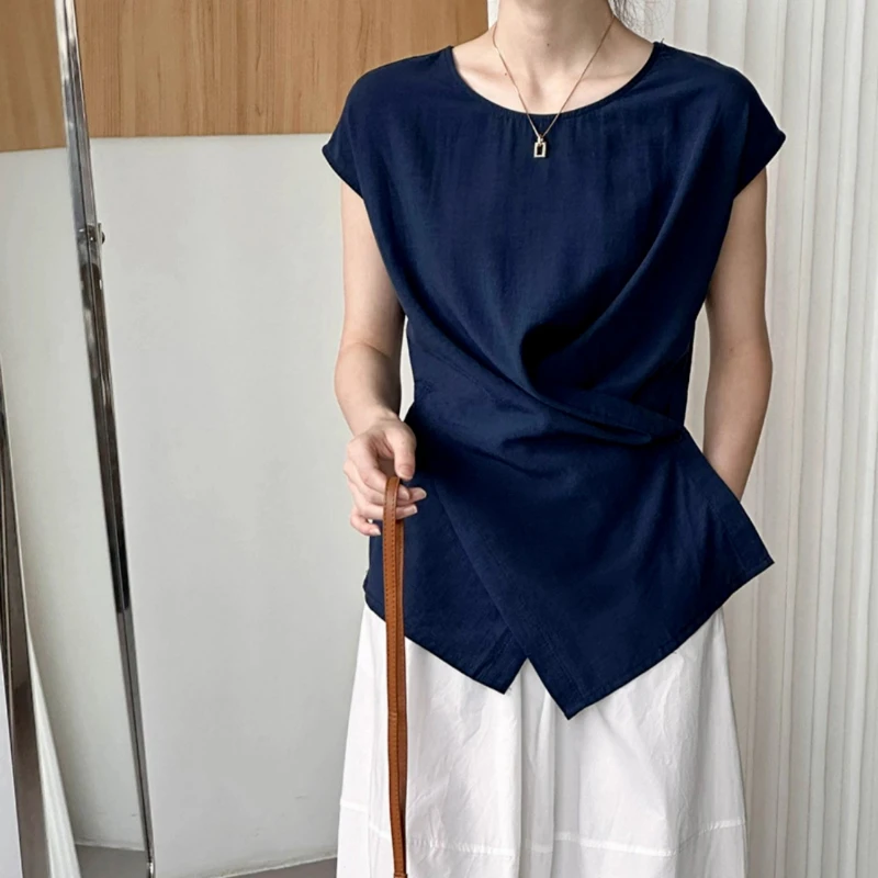 Summer New Sleeveless Irregular Temperament Blouse Solid Loose Simplicity Vintage Basic Shirt Tops Elegant Fashion Women Clothes