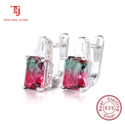 TKJ Bohemian Style Luxury Natural Tourmaline Earrings Square Real 925 Sterling Silver Stud Earrings For Women Beach Travel