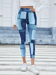 Spring and summer fashion imitation denim patchwork print slim-fit thigh-raising leggings for women