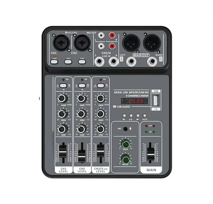 

4-канальный USB-микшер, компактная звуковая карта, для домашней записи и живых выступлений, аудиомикшер для сцены