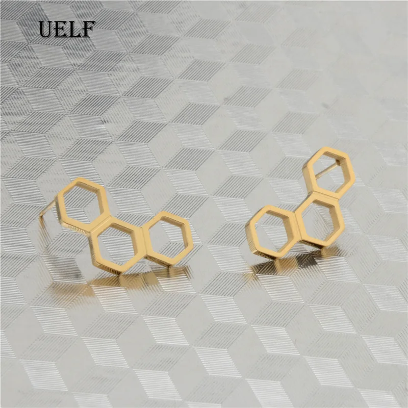 Uelf New Fashion Molecule Ear Climbers Earrings for Women Simple Korean Geometric Stud Earrings Stainless Steel Jewelry Gifts