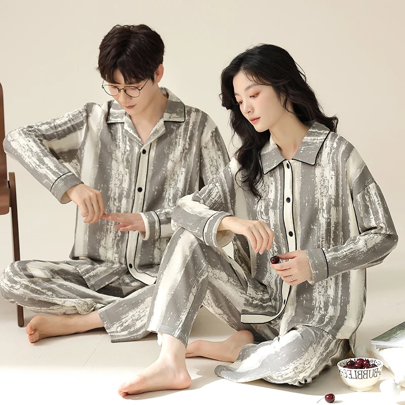 

Couple Pajama Sets Spring and Autumn Long Sleeve 100% Cotton Leisure Turn-down Collar Loungewear